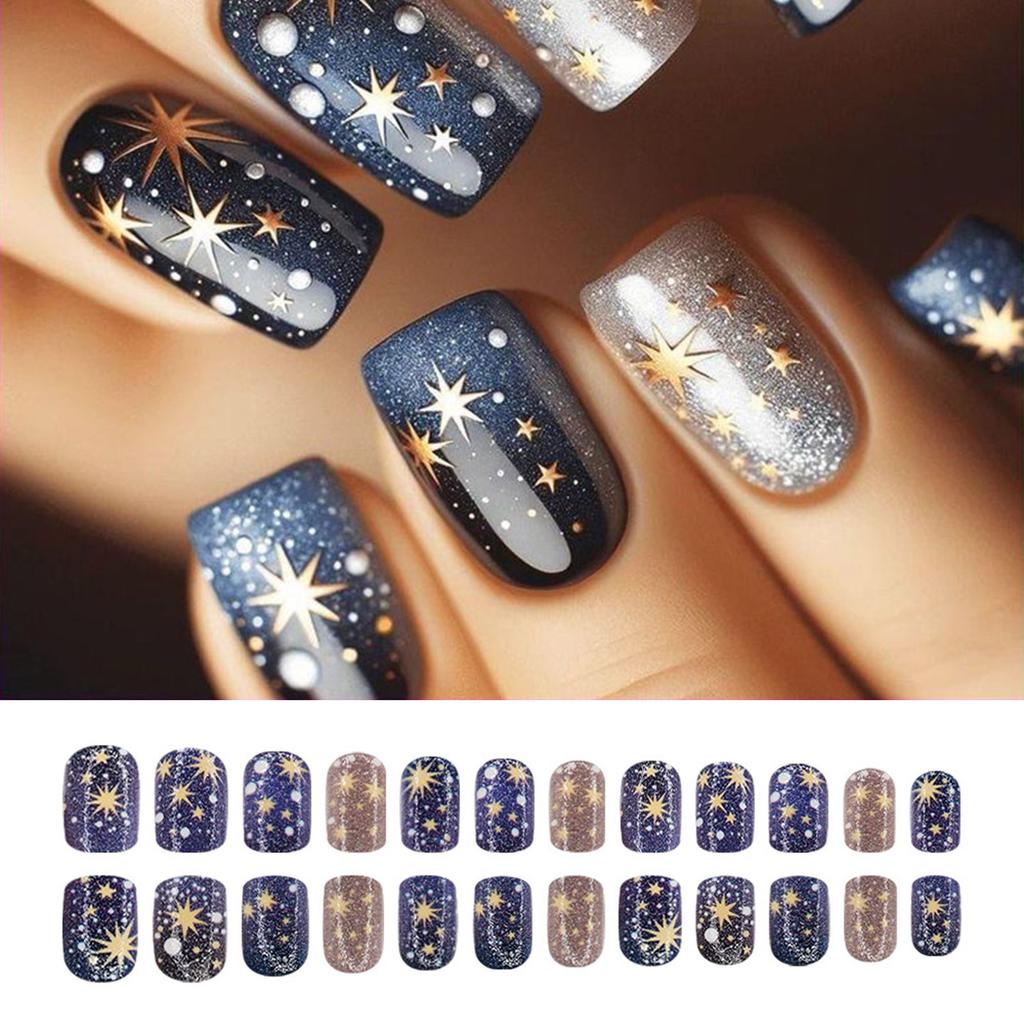 24 Buc. Unghii False Astrale Colorate Unghii Artificiale Sclipitoare Acoperire Completă Adezive Unghii Scurte Pătrate Presate