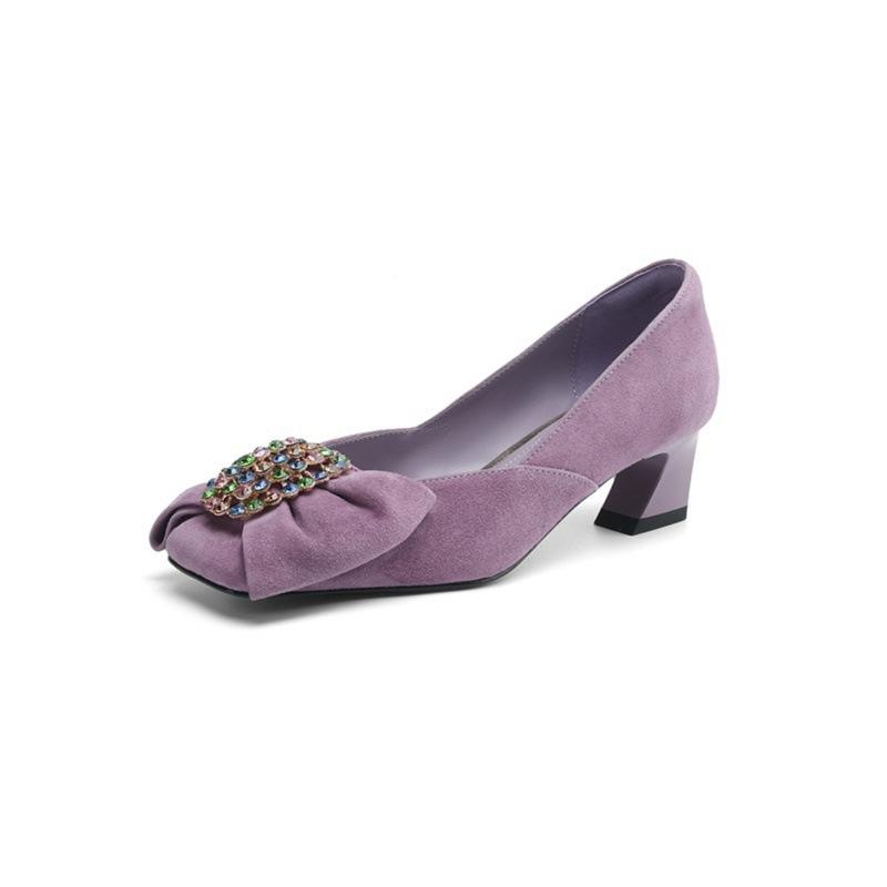 Fashion purple small high heels women's 2025 new square head bow thick heel single shoes women