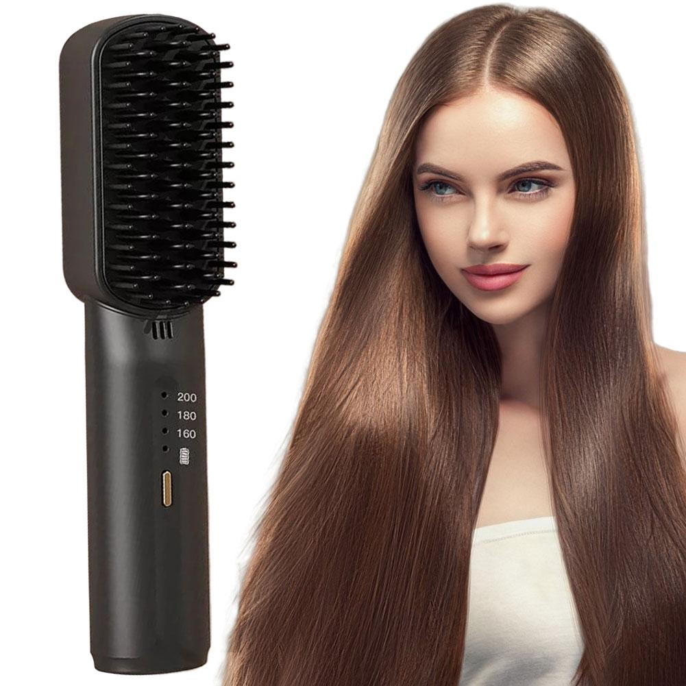 Cordless Hair Straightener Brush Anti-Scald Electric Hot Comb 3 Temp Settings Portable Straightening Brush for Travel & Home