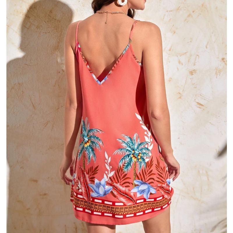 YYFS Women's Fashion Summer Spring Flower Pattern Print Sleeveless V-Neck Middle Waistline Casual Dresses