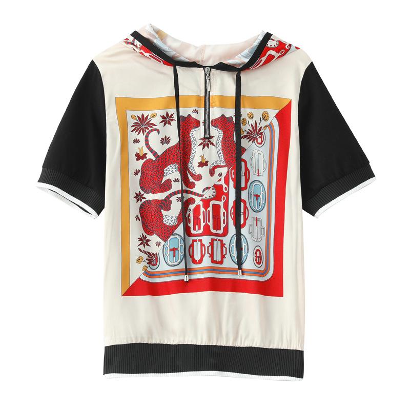New Summer Hooded Short-sleeved Top Printed Drawstring Pullover Loose Casual Temperament T-shirt