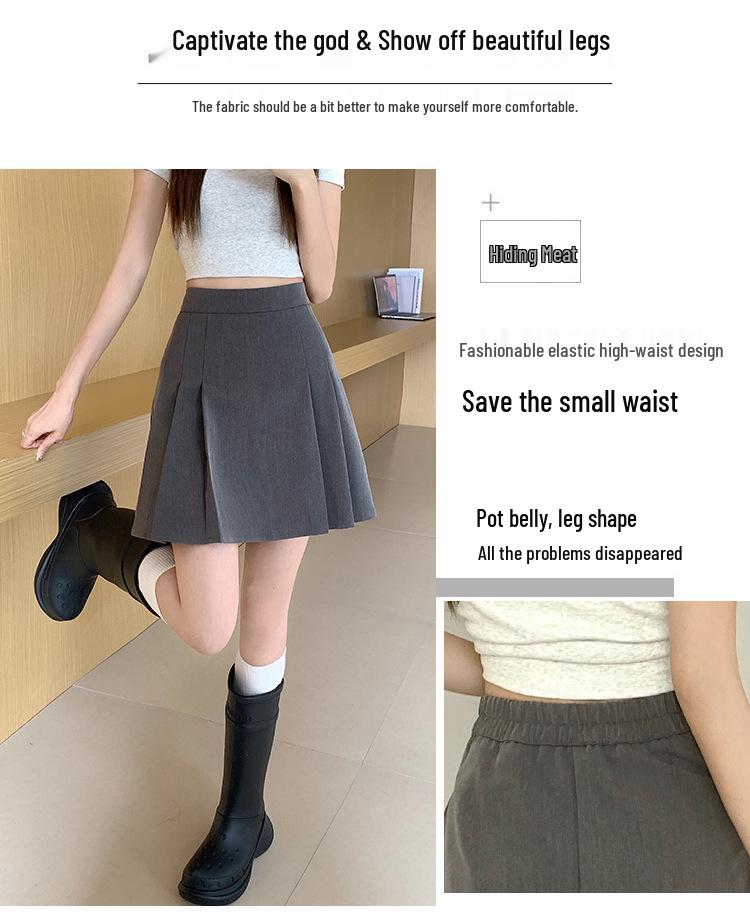 2024 College Style High Waist A-Line Pleated Midi Skirt for Plus Size Pear-Shaped Bodies