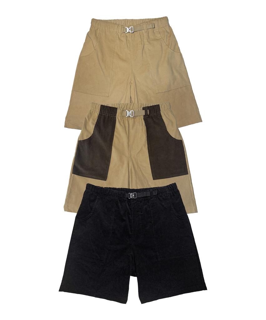 Galligbeulluseu Corduroy Belted Fatigue Shorts (Black)