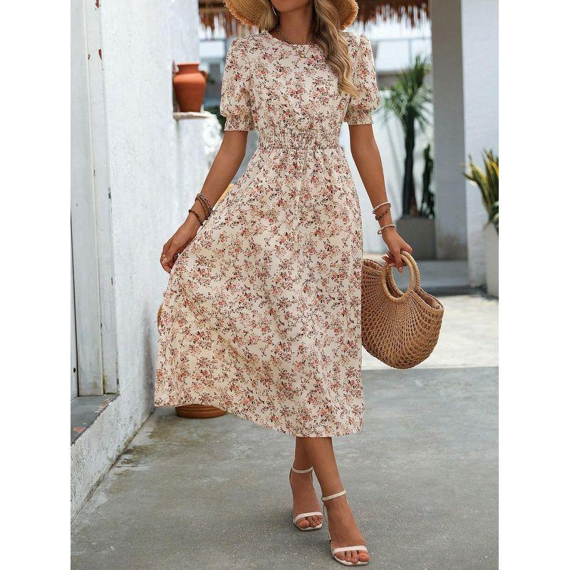 Sweet Summer New Arrival European Fashion Round Neck Small Floral Elastic Waist Tight Waist Puff Short Sleeve Mid Length Long Length Dress