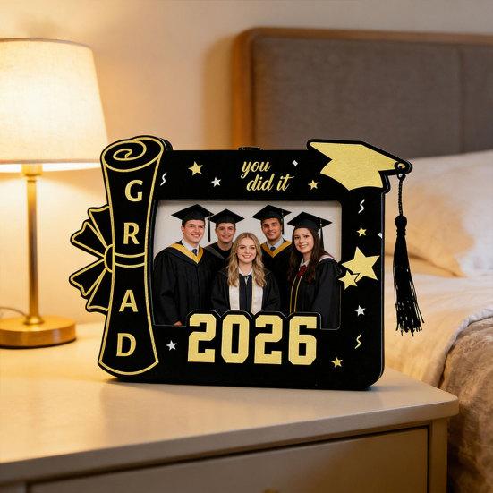 Wooden Photo Frame, Standard Size Graduation Picture Display, Black Gold with Rear Stand, Grad 2026 Picture Holder for Graduation Keepsake