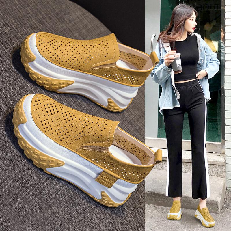 Cowhide Hollow Dad Shoes Women's Summer 2025 New Retro Lightweight Inner Height Increase Casual Sports Shoes Platform Sandals