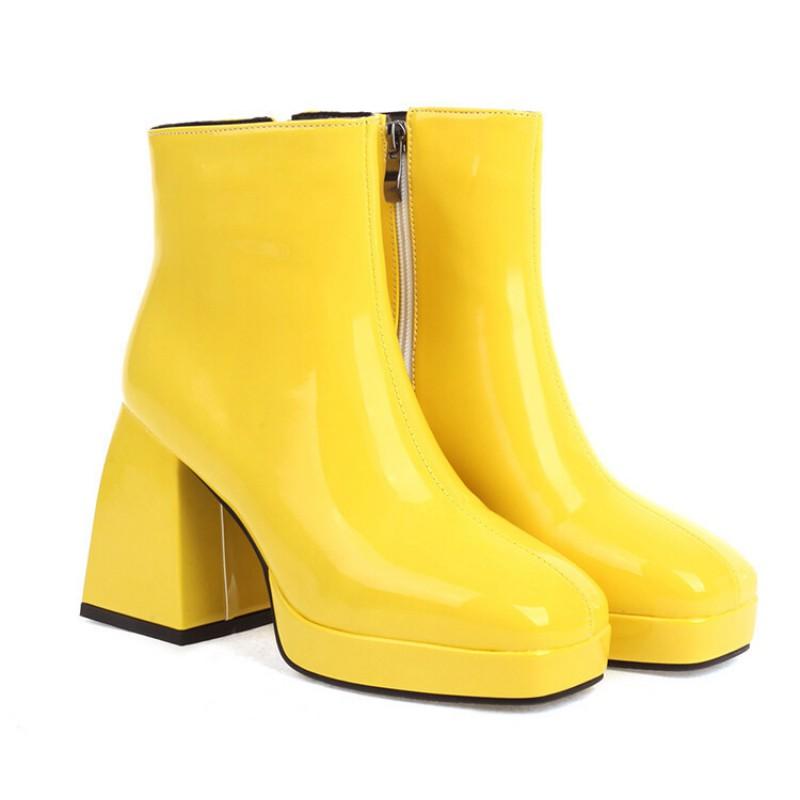 Damen Chunky Heel Quadratische Spitze Kunstleder Stiefeletten Mit Seitenreißverschluss Wasserdichte Plateau Herbst Winter Mode