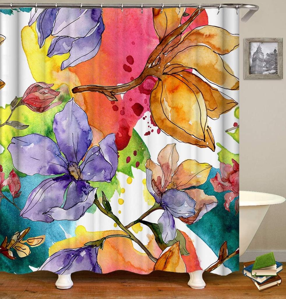 Spring Watercolor Floral Shower Curtains , Colorful Flowers Watercolor Painting Decoration Design Cloth Print Bathroom Curtains