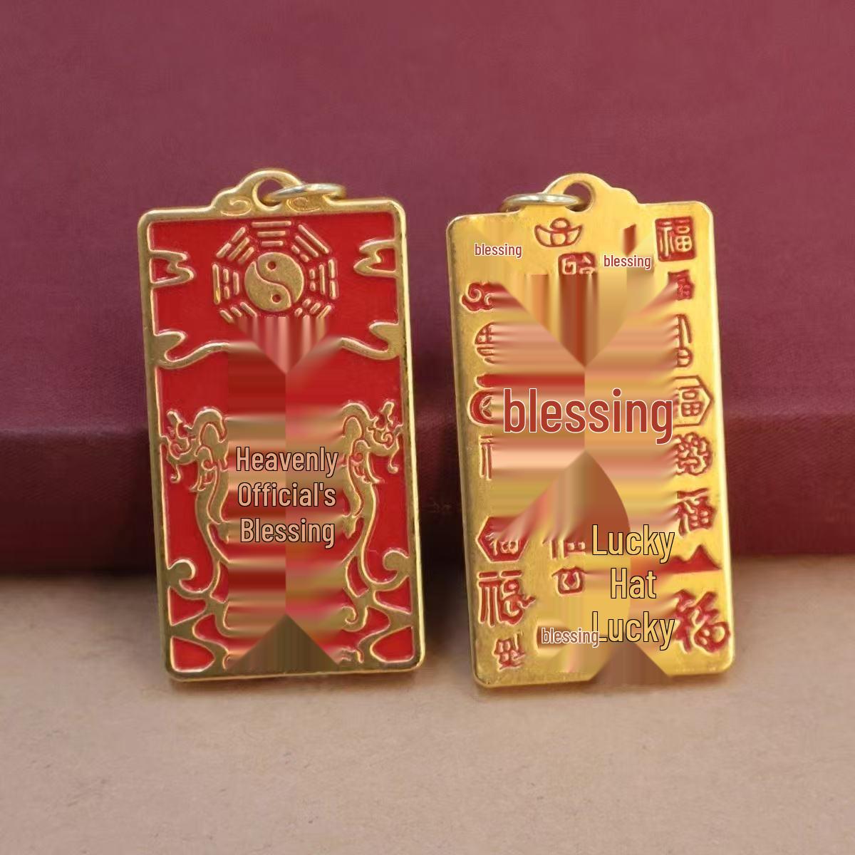 Gold & Red Tian Guan Ci Fu Black Rope Pendant Necklace - Unisex Amulet