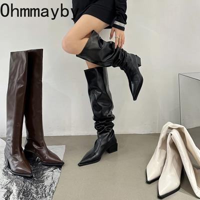 Street Style Plissee Frauen Kniehohe Stiefel Mode Spitzschuh Lange Booties Designer Square Heels Botas De Mujer