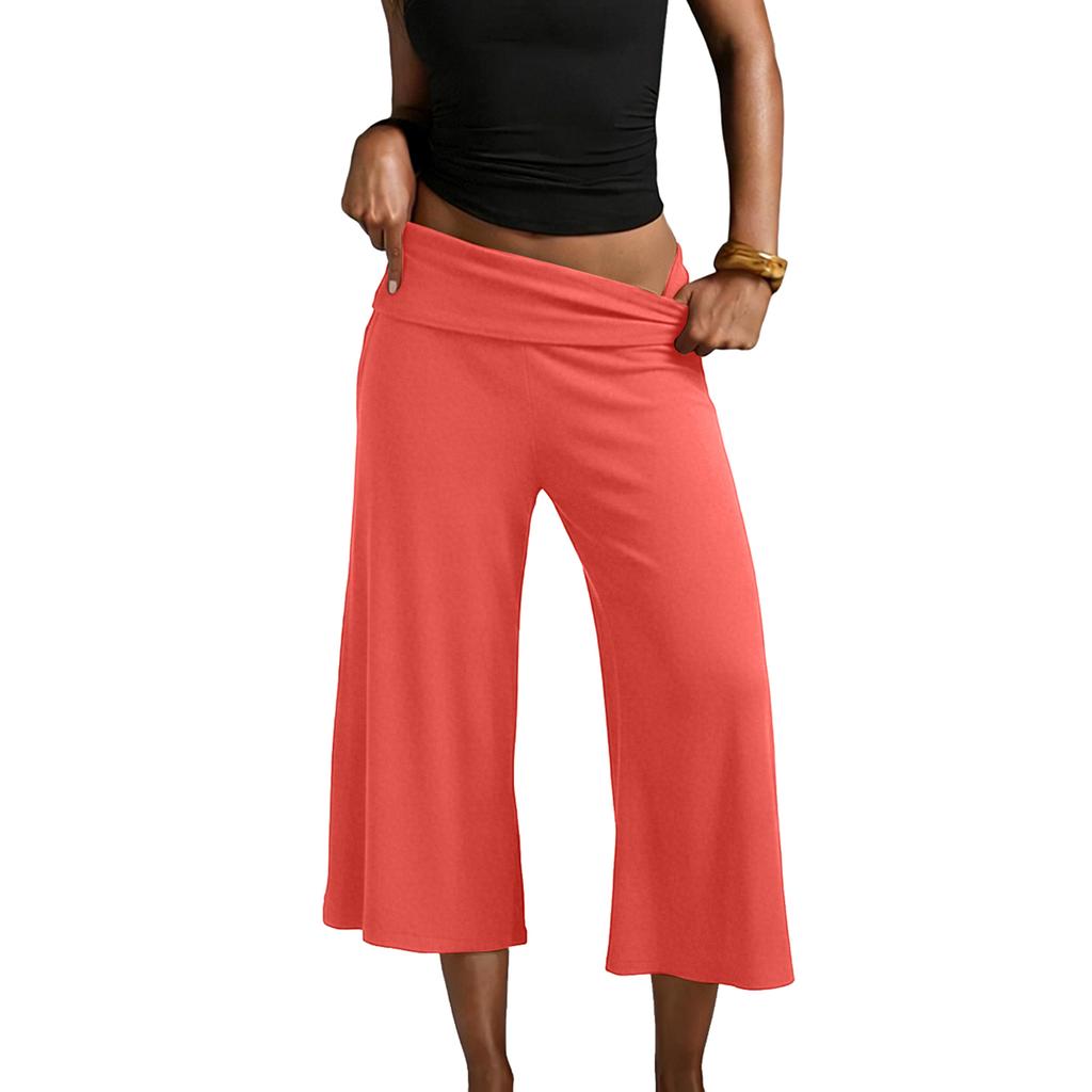 Pantaloni da Yoga da Donna a Gamba Larga Corti con Vita Pieghevole Vestibilità Rilassata Tessuto Morbido ed Elastico per il Comfort