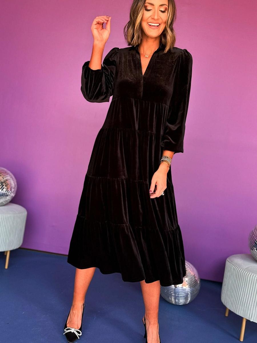 Oversized Velvet Multi-Layer Ruffled Maxi Dress with V-Neck for Women S чёрный