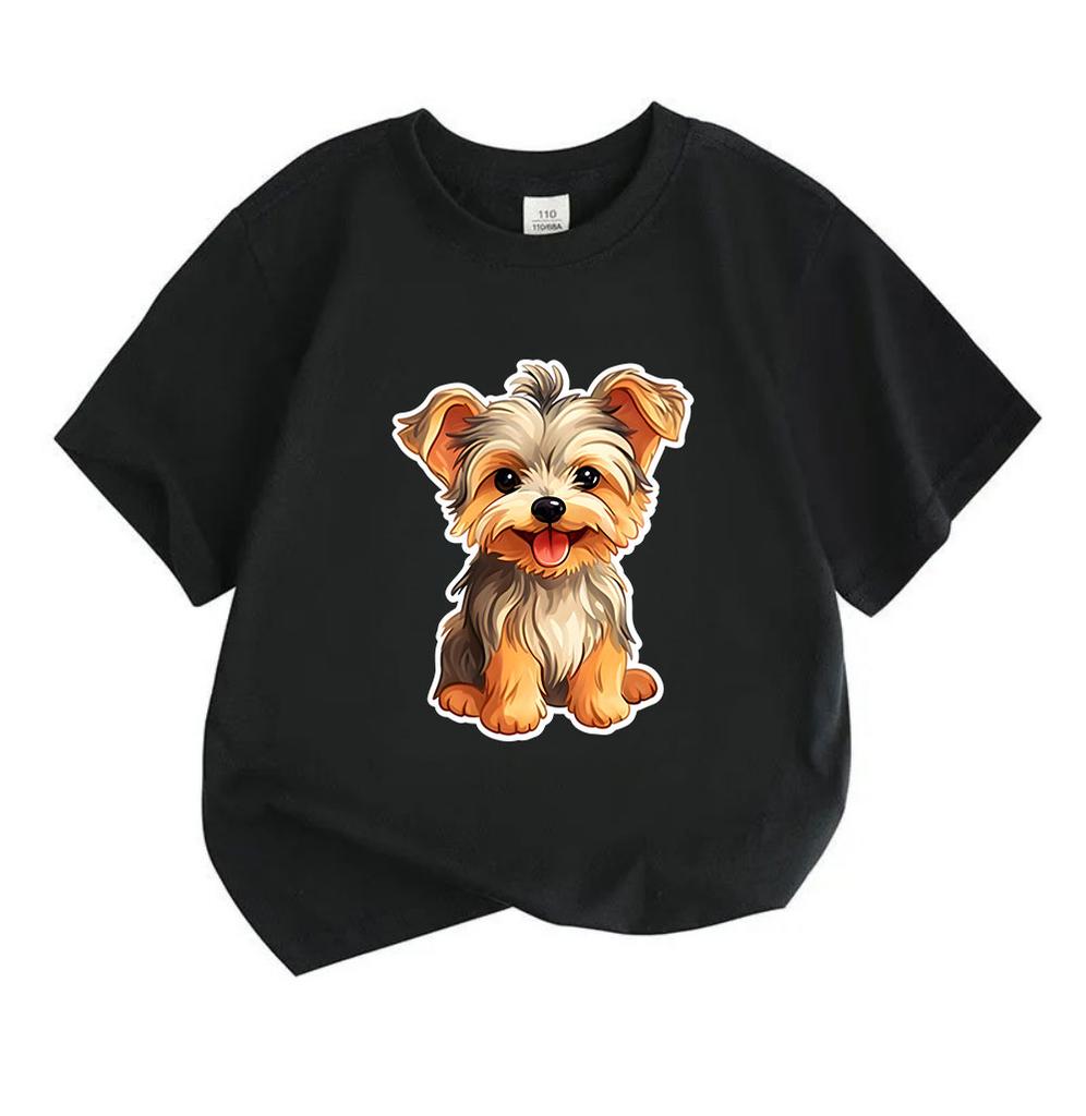 Cute Yorkie Puppy Graphic Kids T Shirt 100% Cotton Crew Neck Short Sleeve Tees for Boys Girls Casual Soft Breathable Animal Dog Print Summer Daily Top