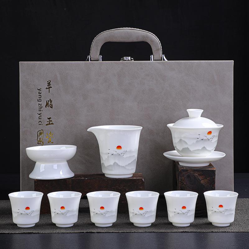 Ceramic White Suet Jade Porcelain Kung Fu Tea Set Business Company High-end Gifts