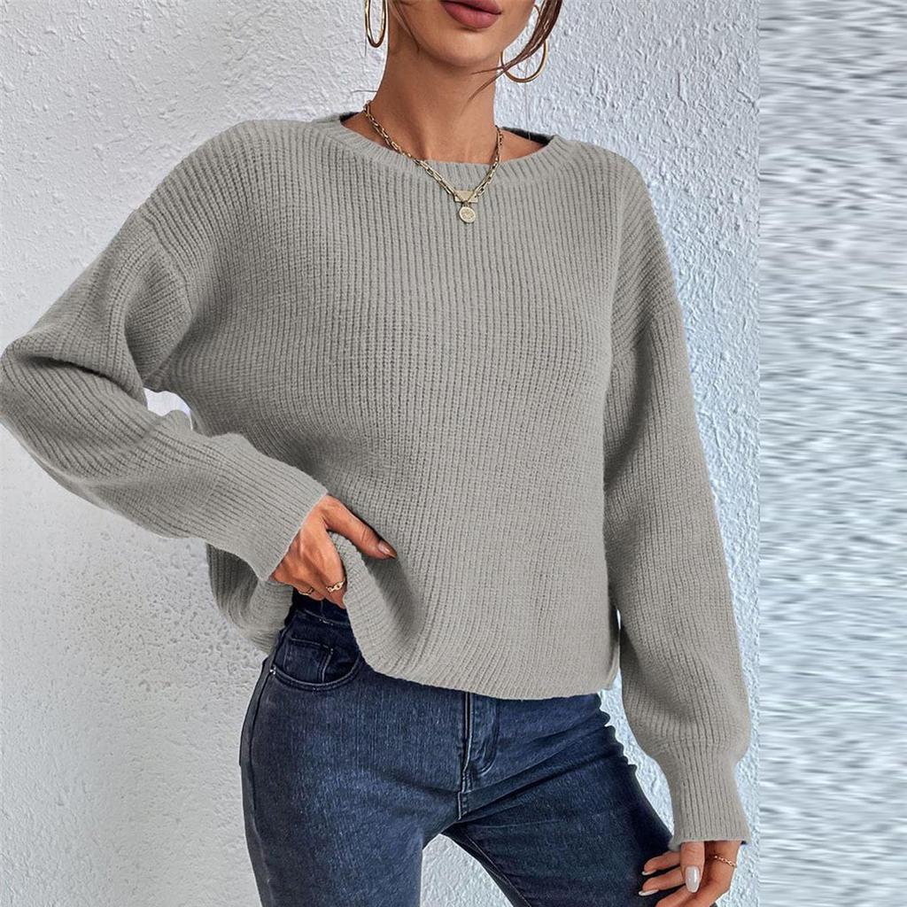 Women's Fashion Casual Crewed Neck Pullover Long-Sleeve Bolded Knit Sweater Top