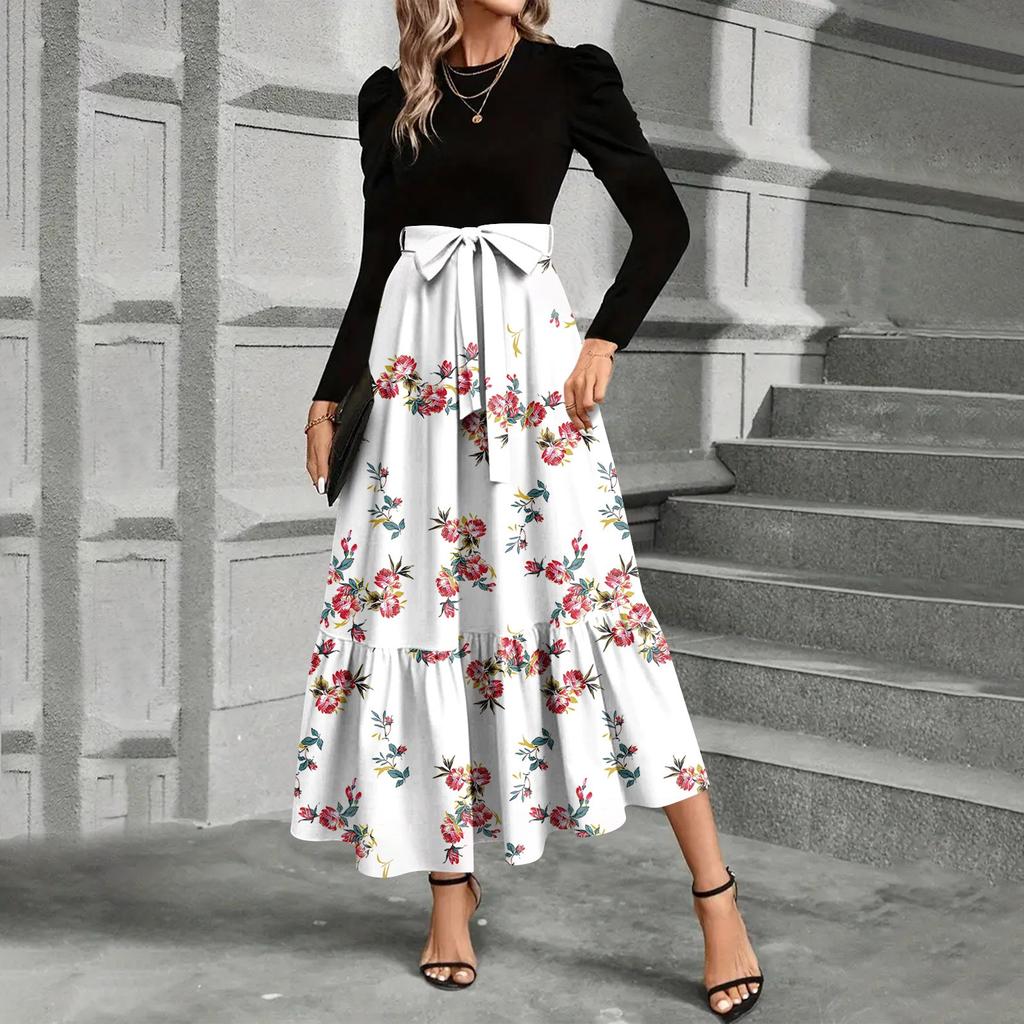Women's Floral Print High Waist Fashionable And Elegant Dress