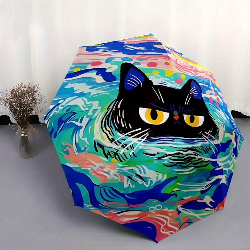1pc Cat Waves Automatic Open 8-Rib Windproof Umbrella, Travel & Commuting, Suitable for All Seasons, Lightweight Portable 078