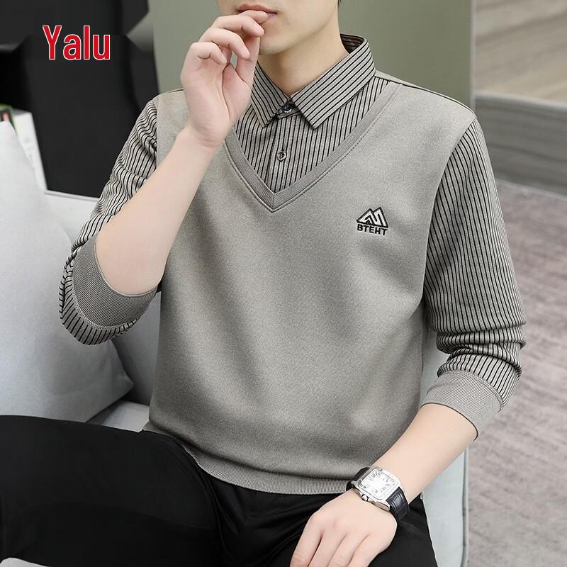 Yalu Herren Faux Zweiteiler Hemdkragen Langarm T-Shirt