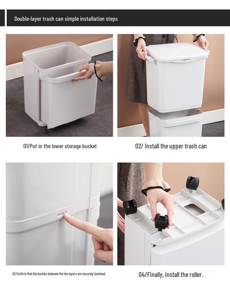 Odor-Proof Kitchen Trash Can with Lid, Movable, Large Capacity, Double Layer, Dry & Wet Waste Separation.
