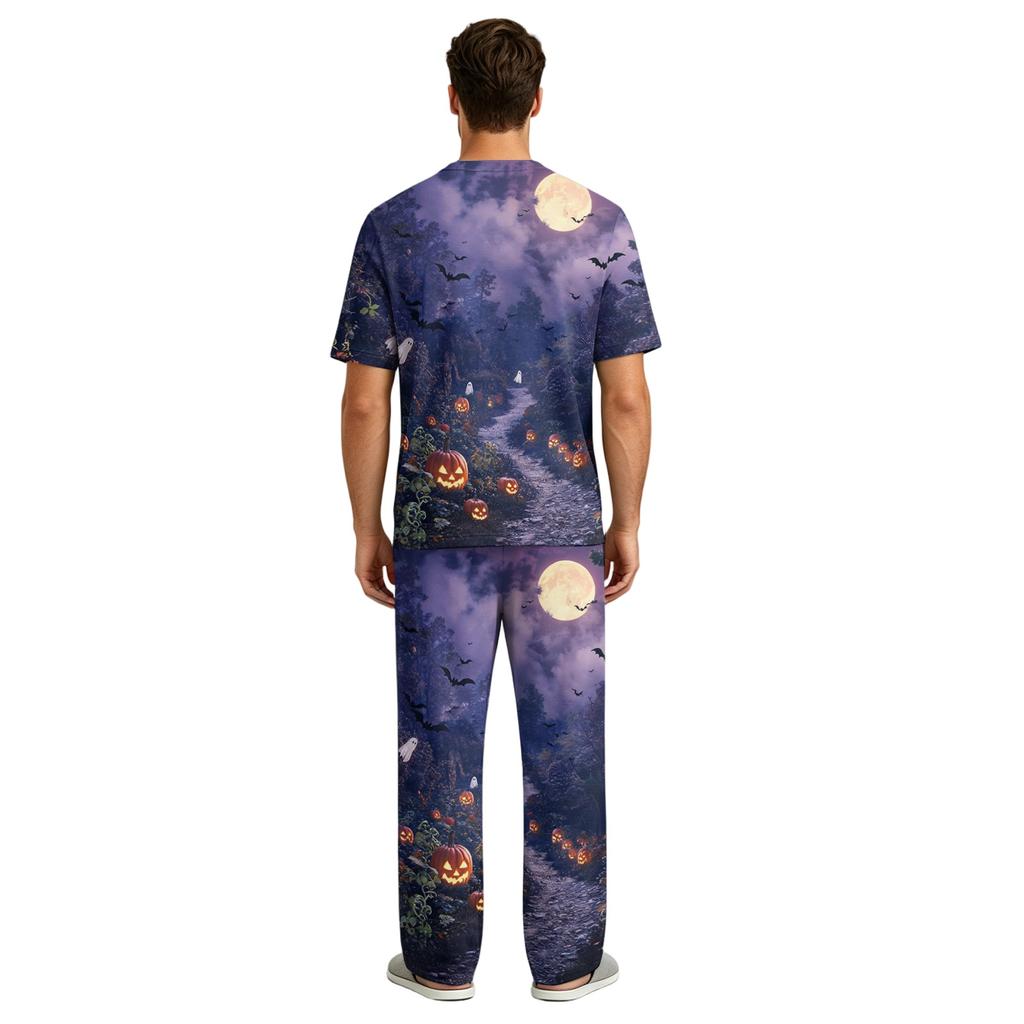 Men's Short Sleeve Pajama Set with Button Crotch and Elastic Drawstring Waist Sleepwear