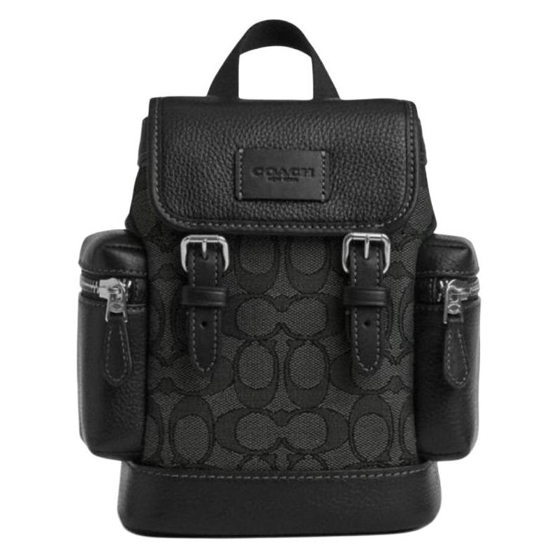 COACH Sprint 15 brand logo print splicing design signature jacquard fabric shoulder crossbody bag mini unisex couple style black gray чёрный
