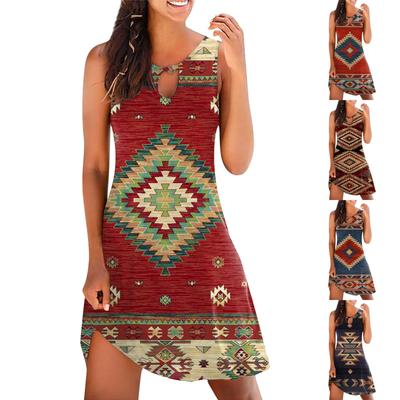 Women Casual Summer Printed Tank Sleeveless Dress Hollow Out Loose Beach Dress