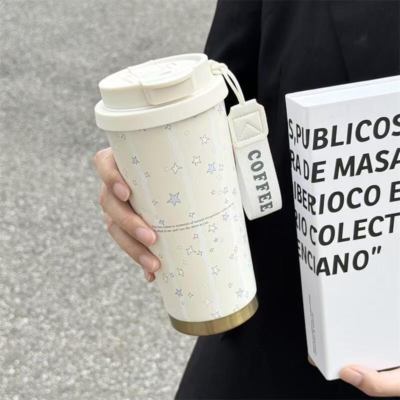 500ml Stars Print Coffee Thermos Cup 316 Stainless Steel Double Wall Vacuum Flask Portable Travel Mug with Handle Office School