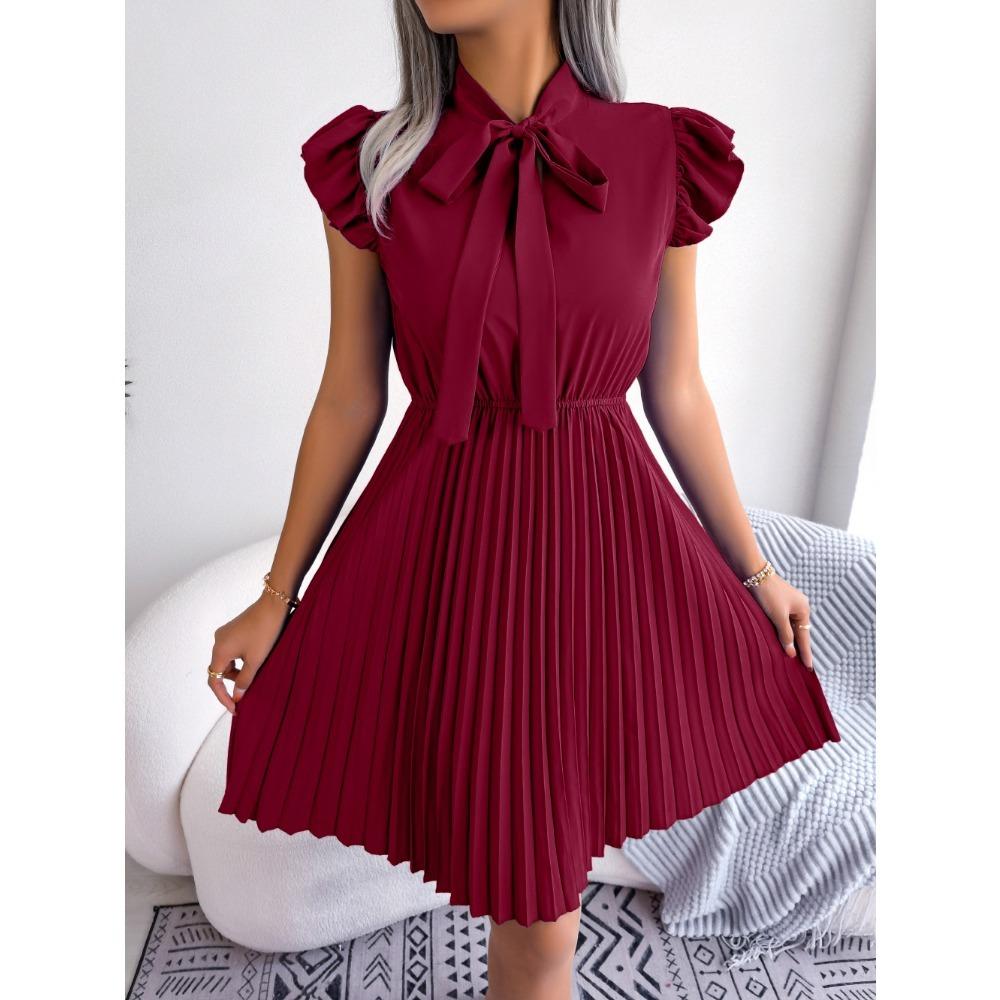 

New Versatile Women s Temperament Tie Waist Large Swing Pleated Skirt Trendy Casual Solid Colour Skirt S бордовий