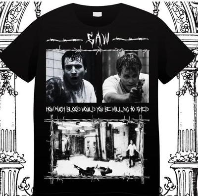 Maglietta Horror Saw Cary Elwes Tobin Bell James Wan Leigh Whannell Charlie C