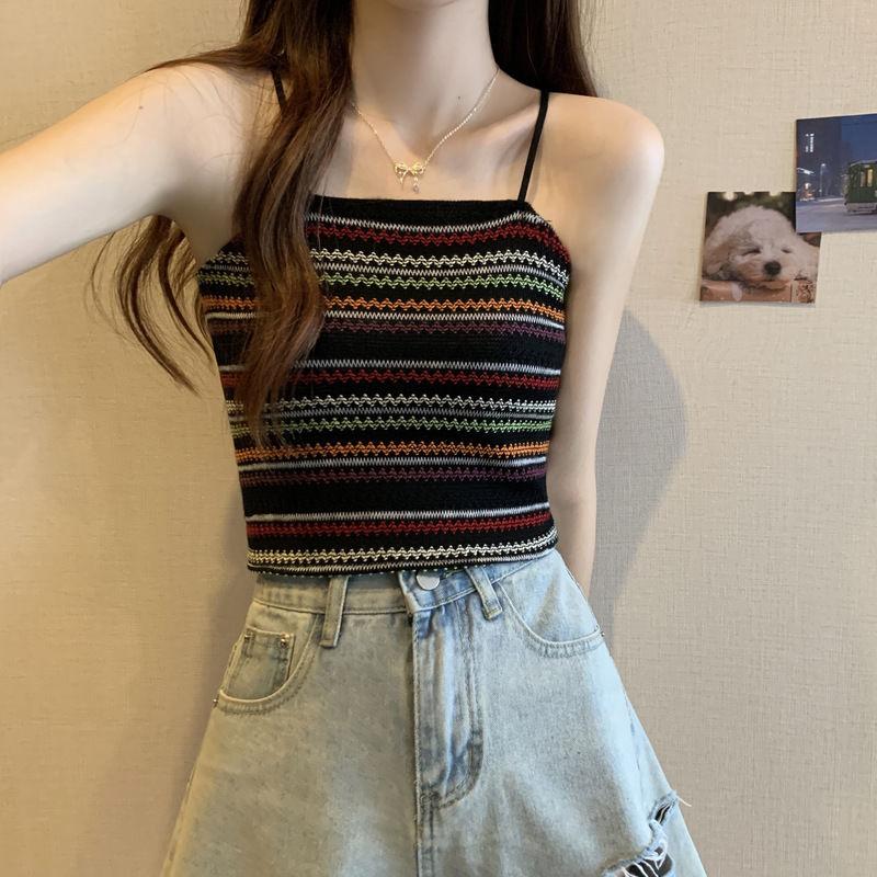 Women's Striped Knitted Camisole Vest Summer French Style Stylish Slim Fit Slimming Bottom Shirt Sleeveless Top
