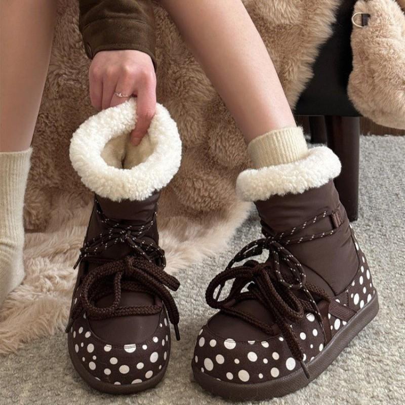 Womens Winter Warm Snow Boots Fleece Lined Polka Dot Mid-Calf Non-Slip Comfortable