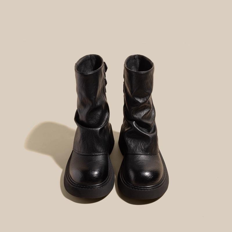 Leather Inner Heightening Martin Boots Women's Retro Short Boots Spring and Autumn Single Boots New Thick-soled Trousers Western Martin Boots