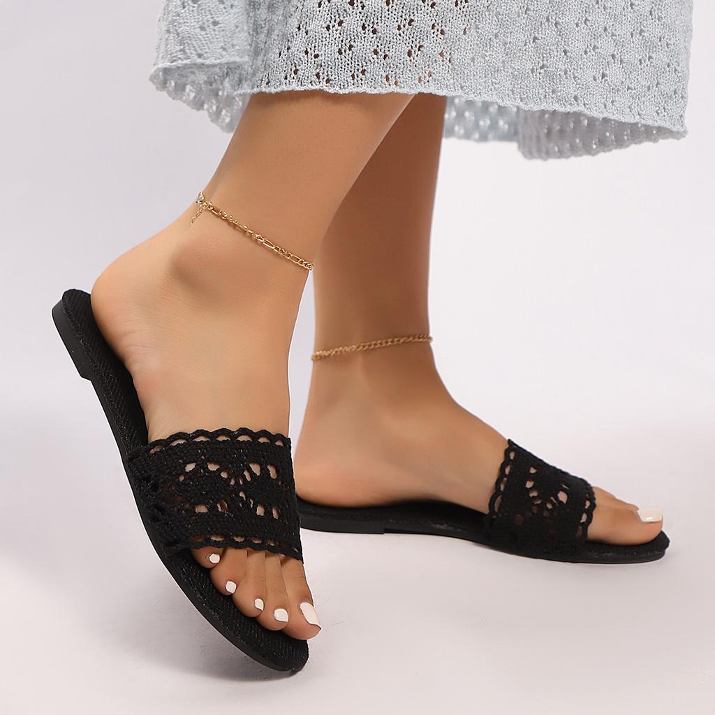 Fashion new hollow breathable lace flat-bottomed slippers women's pedal home slippers casual open-toed low-heeled slippers