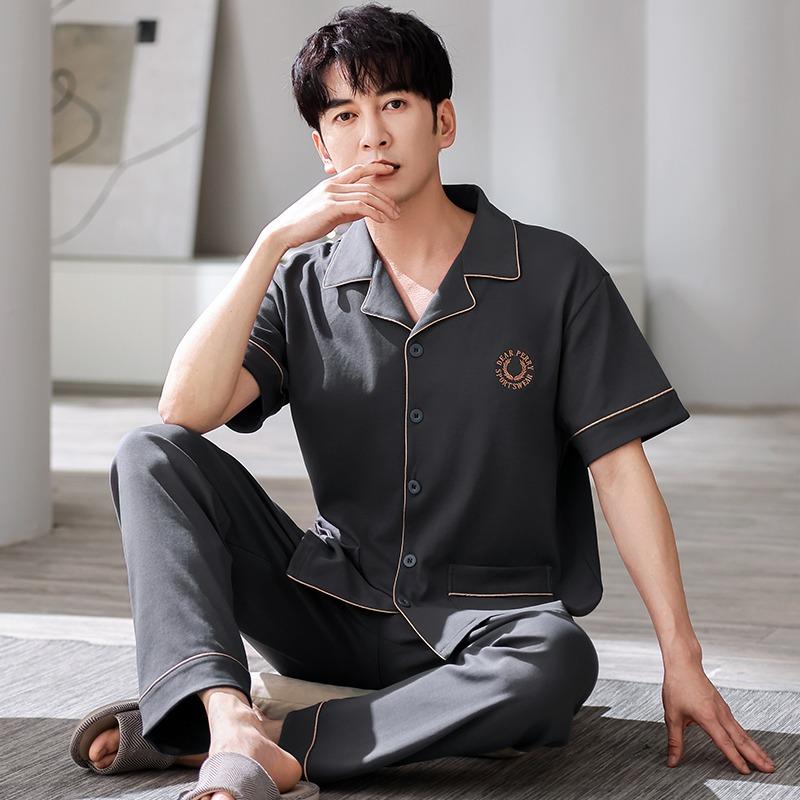 Spring And Summer Men's Pajamas Cotton Short-Sleeved Long Pant Pijamas Set Boys Casual Pajamas Homewear Set Hombre