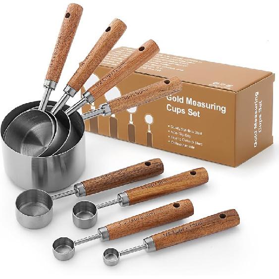 SHIKORI Gold Measuring Cups and Spoons Set with Wood Handles, Premium Stainless Steel Measuring Spoons and Measuring Cups Set-Gold