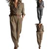 Women's Long Sleeved Lapel Button Retro Plaid Workwear Jumpsuit With Belt Included