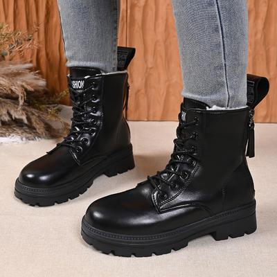 Thick Warm Long Plush Ankle Boots For Women Winter  Lace-Up Pu Leather Motorcycle Boots Woman Plus Size Short Booties Shoes