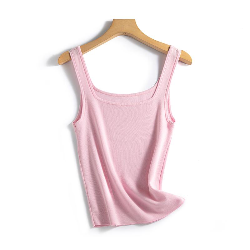 

Summer square collar knitted vest versatile base Tencel cotton sleeveless slim-fitting top with silk casual style L розовый