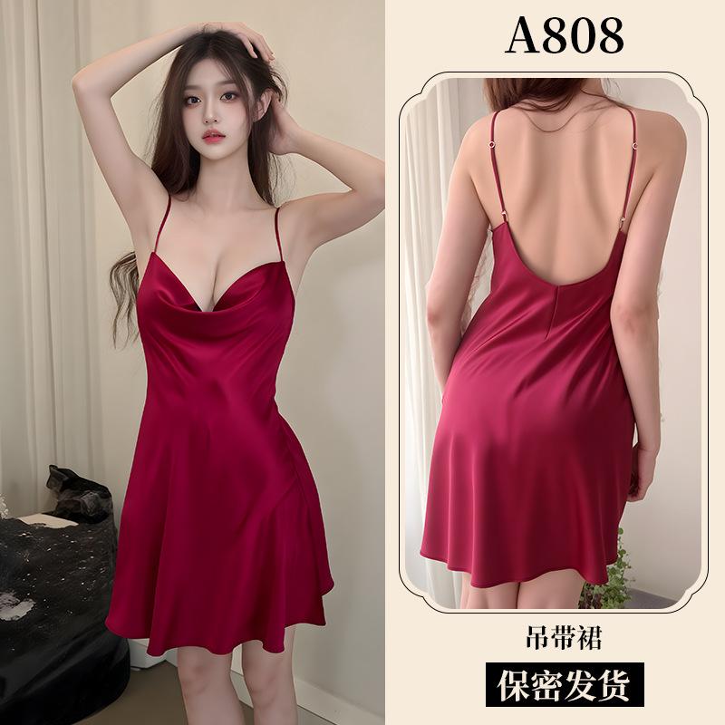 Pajamas Women's Hollow Satin Homewear Sex Underwear Hot Suspender Pajamas A Sexy Simulation Silk