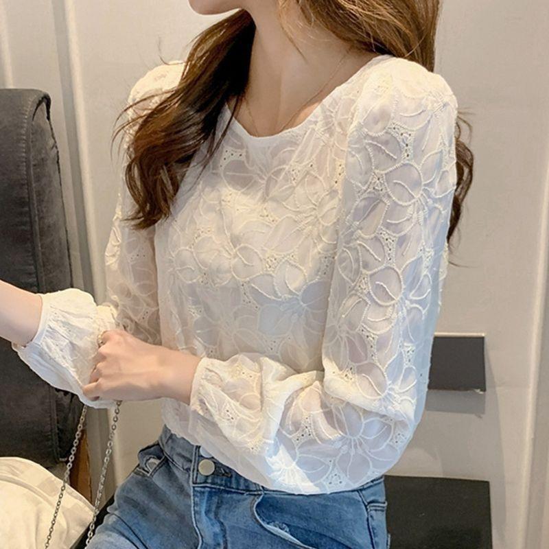 Early autumn long-sleeve lace base shirt for women, spring and autumn wear, 2026 new trendy chiffon top, stylish women's blouse
