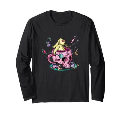Pink Skull and Rabbit Plush Toy Art. Long-sleeved T-shirt