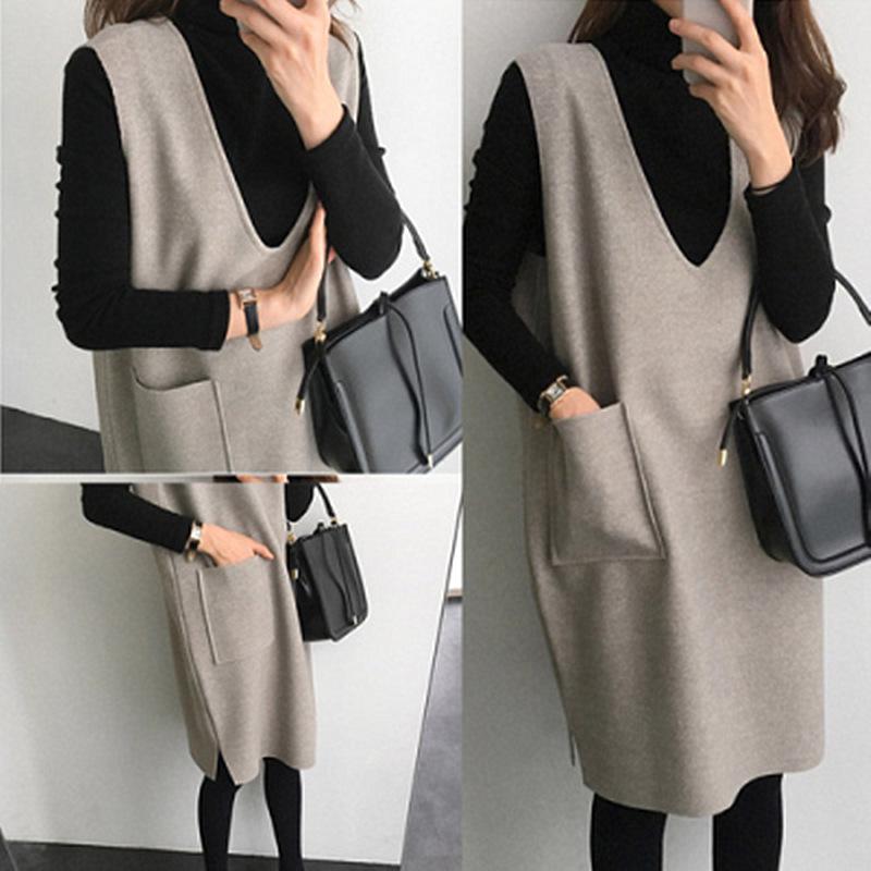 Korean Style Mid-Length V-Neck Vest Dress Set for Autumn/Winter - Two-Piece Casual Fashion