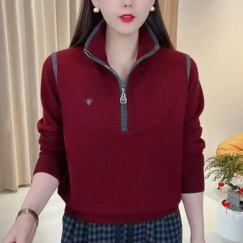 Half Zipper Stand-up Collar Women's Spring and Autumn New Medium Mother Embroidered Knitted Sweater with Bottom Clothes