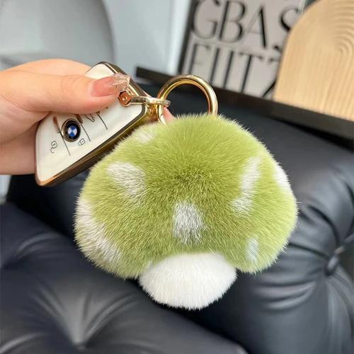 Wholesale Cute Mushroom Real Rex Rabbit Fur Key Chains Girls Schoolbag Toy Pendant  Women Bag Charm Ornaments Car Keyring Gift