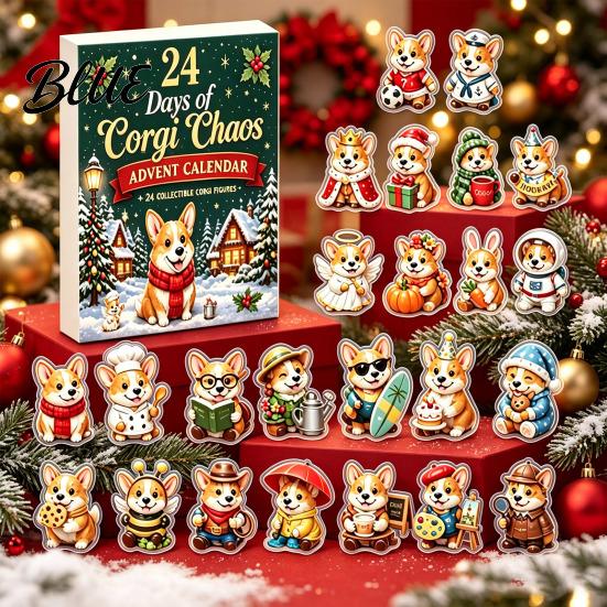 Fun Miniature Characters 2026 Corgi Christmas Advent Calendar 24 Days Acrylic Dog Ornaments Countdown 2D Holiday Box Pendants for Xmas Tree,