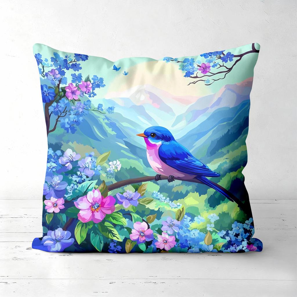 Blue Bird Flower Mountain Scenery Pattern Cushion Cover Polyester Pillowcase, Sofa Decorative Cushion Cov Headboard Pillow