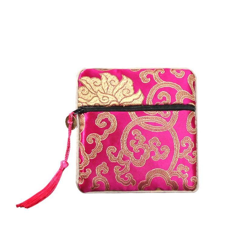Traditional Chinese Brocade Square Pouch Embroidery Pattern Tassel Zipper Waterproof for Jewelry Cosmetic Home Travel Use