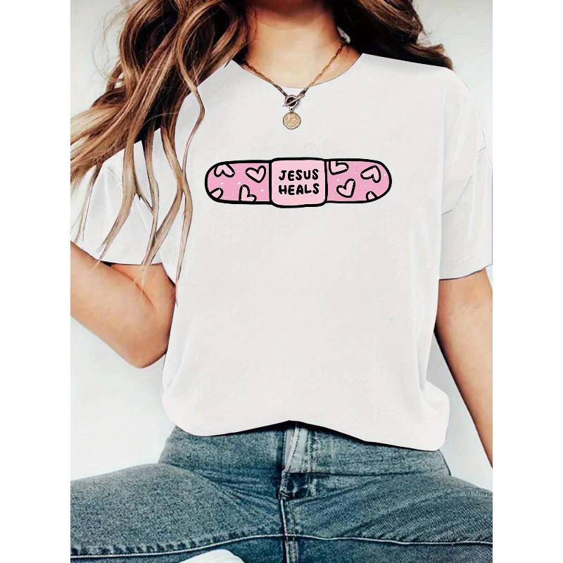 

Women s Jesus Heals Christian Faith T-Shirt Crew Neck Casual Spring Summer Church Top 4XL білий