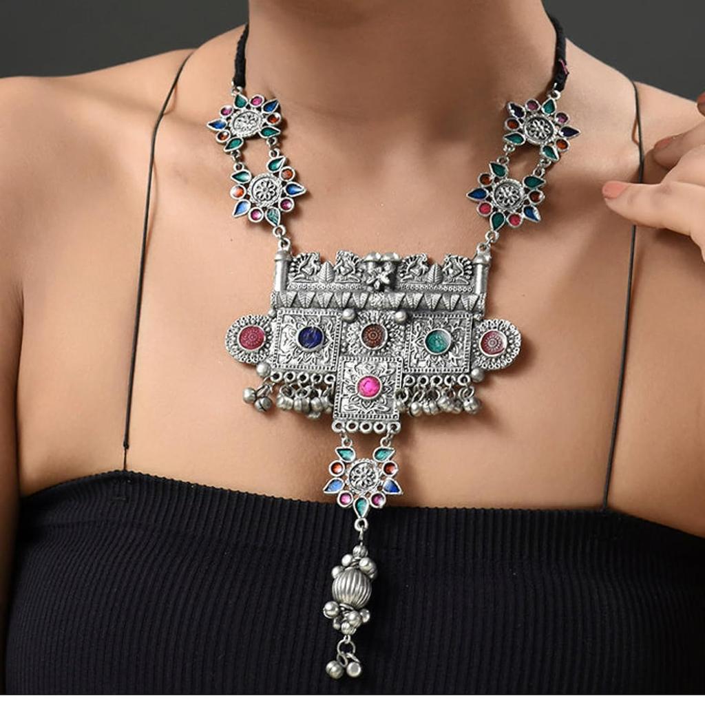Indien Silber oxidierte Tribal Tibetisch Afghani Bohemian Choker Halskette mit Tropfen mit Emaille Minakari für Frauen und Mädchen