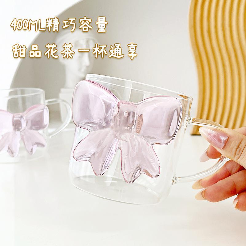 1Pcs Pink Bow Knot Glass Cup Coffee Milk Fruit Cup Heat-resistant Glass Drinks Mug Cups 13oz 400m Lovely Cup